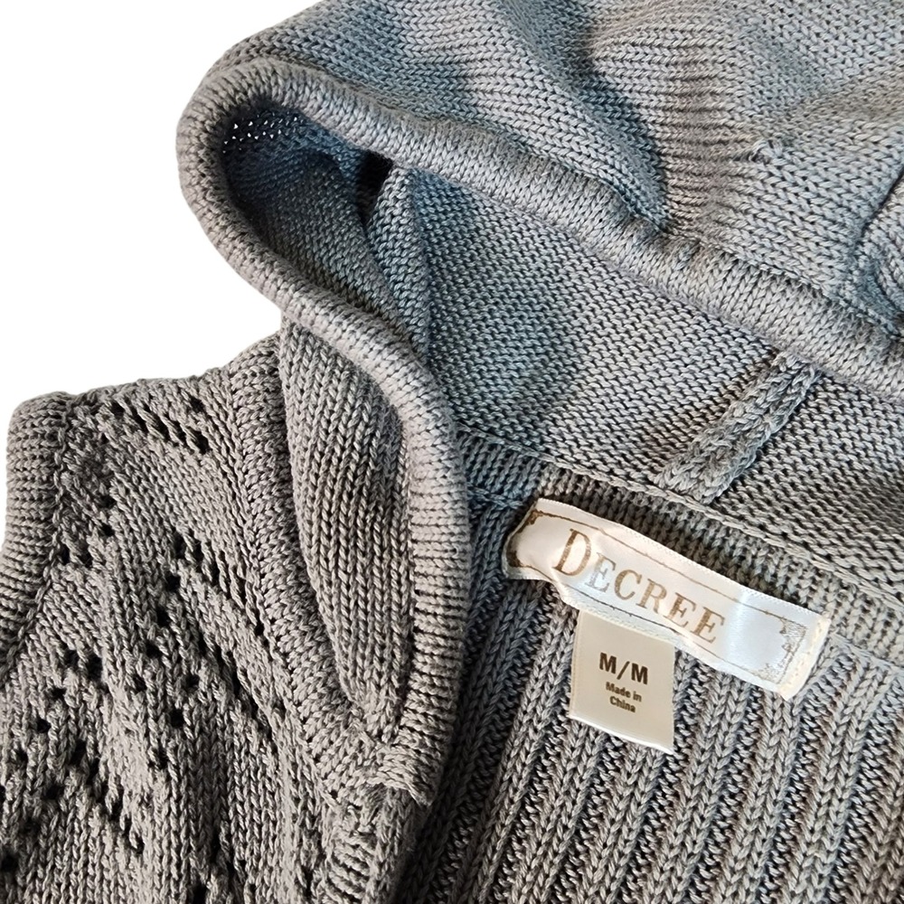 DECREE‎ Gray Crochet Knit Hooded Fringe Vest Cardigan Women's M M - Picture 5 of 10